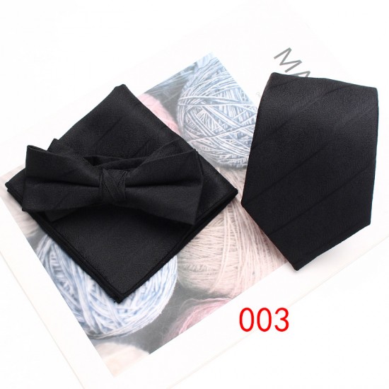 Business formal wear, three-piece tie, pocket scarf, and bow tie set Men's three-piece suit, striped scarf, tie, and bow tie set.