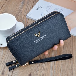 New women's wallet - long style double zipper hand-held bag, fashionable and litchi-patterned large capacity double-layer money clip, mobile phone bag.