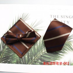 New brown polyester gentleman's fashionable casual men's tie, bow tie with handkerchief, ready for wholesale.