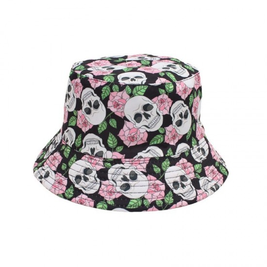 Overseas reversible bucket hat, skull pattern bucket hat, flower graffiti sun protection hat, foldable sun hat