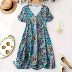 Spring and summer cross-border European and American new style romantic print bohemian resort style plus size dress for women 2025