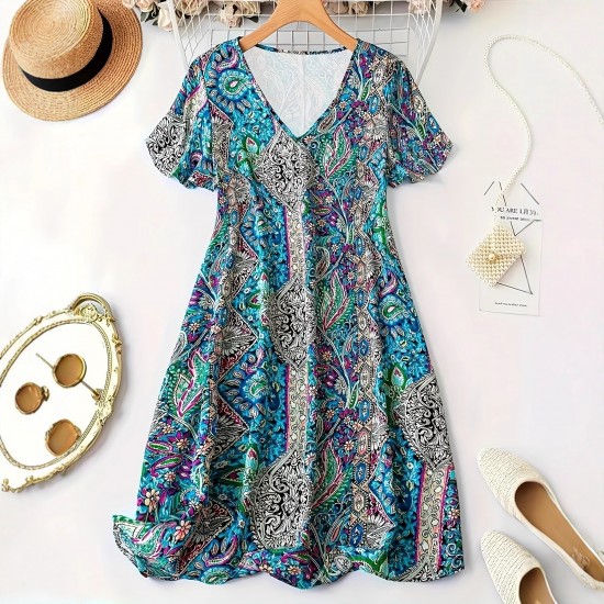 Spring and summer cross-border European and American new style romantic print bohemian resort style plus size dress for women 2025