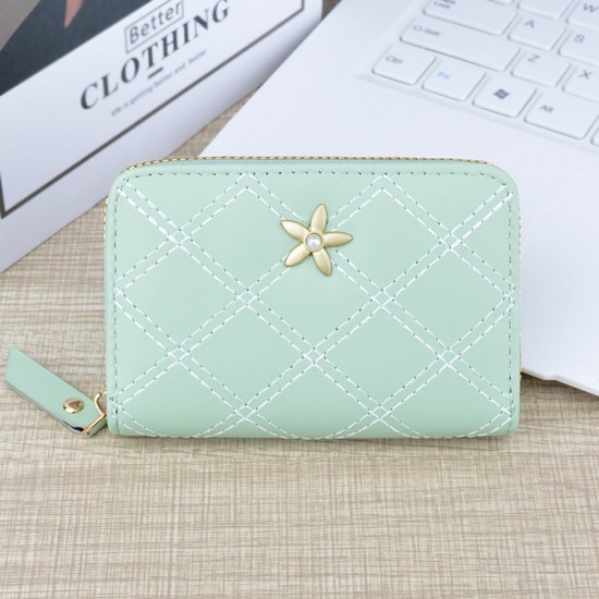New women's card case - short style, zipper card case, student, mini portable card holder, checkered pattern, soft leather case, small purse