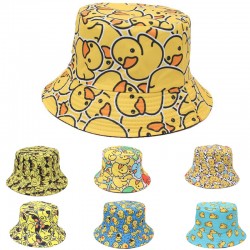 A reversible bucket hat with a cartoon yellow duck, outdoor sun protection, and a foldable bucket hat for women.