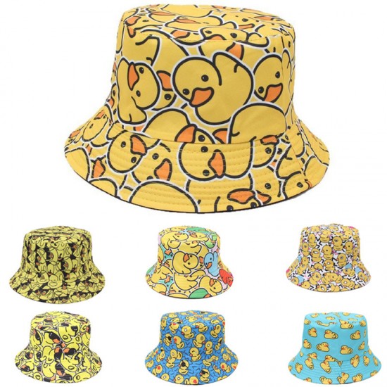A reversible bucket hat with a cartoon yellow duck, outdoor sun protection, and a foldable bucket hat for women.