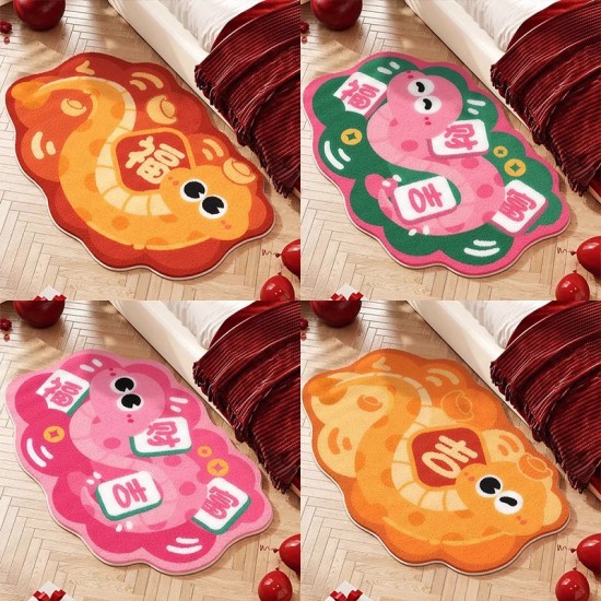 Year of the Snake bedside rug, bedroom, Spring Festival decoration, cartoon-style plush non-slip strip floor mat.