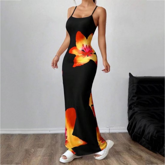 Cross-border sexy halter print dress elegant long dress Платье длинное