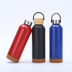 New large-capacity cork-bottomed outdoor sports water bottle, portable handle thermos with bamboo lid, cycling bottle