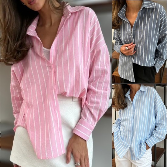 Autumn fashion polo neck Middle East 2025 new style European and American women's wear cardigan striped regular long sleeve shirt for women Autumn fashion polo neck Middle East 2025 new style European and American women's wear cardigan striped regular long sleeve shirt for women