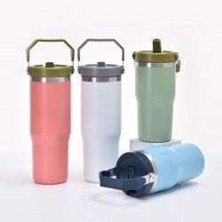 Cross-border 304 stainless steel car cup, double-walled vacuum coffee cup with straw, outdoor car thermos with handle