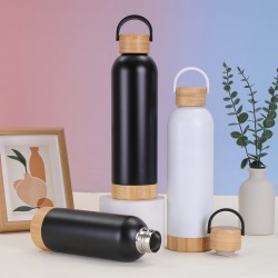 New bamboo-wood bottom and bamboo lid outdoor sports water bottle with plastic handle, portable water bottle, stainless steel vacuum thermos