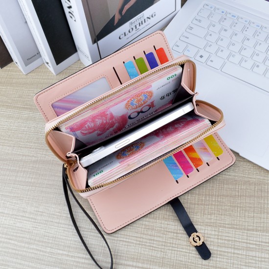 Handbag wallet - women's, long style, zipper snap, soft leather case, hand-held, fashionable, printed money clip with multiple card slots