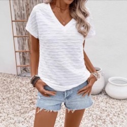 Spring and summer fashion jacquard round neck 2025 new style European and American women's wear solid color V-neck batwing sleeve unique top T-shirt for women