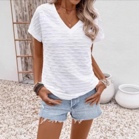 Spring and summer fashion jacquard round neck 2025 new style European and American women's wear solid color V-neck batwing sleeve unique top T-shirt for women Spring and summer fashion jacquard round neck 2025 new style European and American women's wear solid color V-neck batwing sleeve unique top T-shirt for women