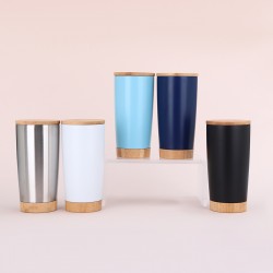 New bamboo-wood bottom 2 0oz car mug, 304 stainless steel coffee mug with wood grain lid, double-walled vacuum insulated office tumbler