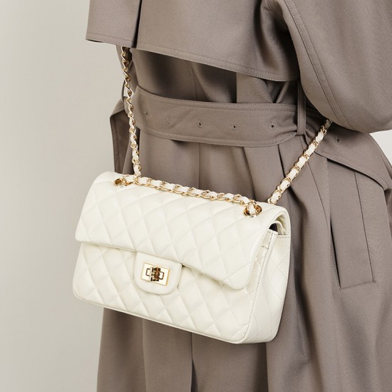 Top-grain cowhide bag, cowhide chain, Chanel-style fashionable diamond-patterned shoulder bag, small square genuine leather bag
