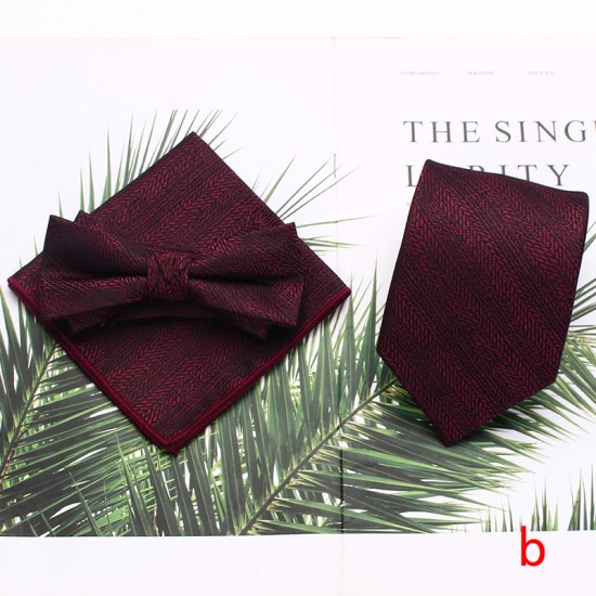 Men's tie sets, three-piece polyester striped tie, bow tie, and square handkerchief sets available Wholesale Suit Accessories