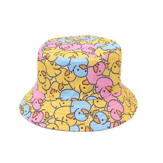 A reversible bucket hat with a cartoon yellow duck, outdoor sun protection, and a foldable bucket hat for women.