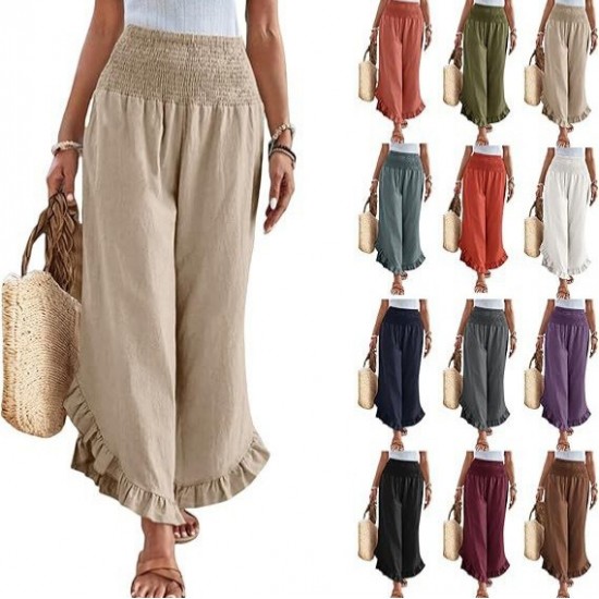Four seasons European and American style women's 2025 new style fashionable gathered waist vacation-style ruffled hem wide-leg casual pants for women