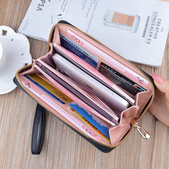 New style wallet - long length, double zipper, large capacity handbag, fashionable color clash lychee pattern double-layer money clip, mobile phone bag