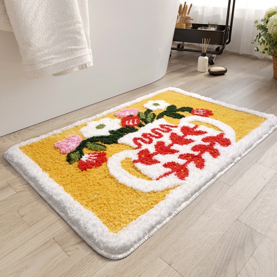 Fresh floral absorbent bathroom mat, faux cashmere, non-slip, quick-drying carpet for bathroom entrance.