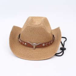 Overseas western cowboy curly brim hats, straw sun protection hats, beach bull head accessories, British couples' hats