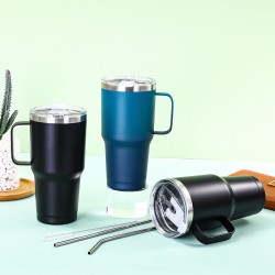 Amazon 304 stainless steel car cup with handle, vacuum double-layer Ice Cup, outdoor car-mounted large-capacity straw cup