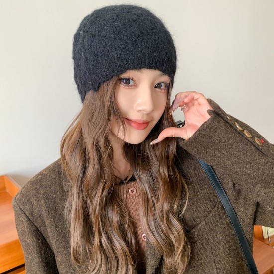 Autumn and winter Korean-style solid color warm hooded hat, outdoor warm earmuffs, pile hat, cold hat for confinement. Autumn/Winter knitted bow hat, thickened wool hat, cute cat ear warm hat, autumn/winter internet celebrity hat; Korean frayed-edged base