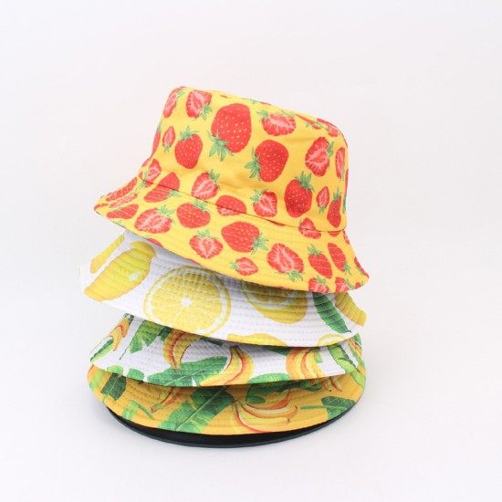 Overseas cartoon pepper and cucumber print bucket hat, double-sided bucket hat for couples, round sun hat for women