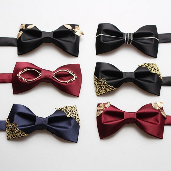 Men's formal suit, British-Korean style crew-cut bow tie, groom wedding, red, black, navy blue, metal bow tie