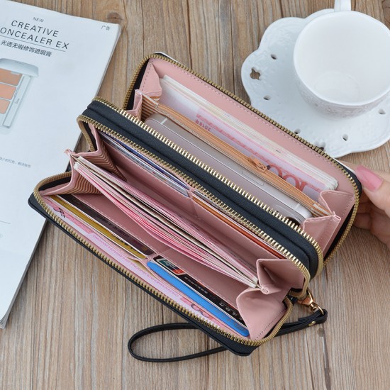 New wallet - women's long style wallet, double zipper large capacity handbag, fashionable patchwork lotus pattern double-layer wallet, mobile phone bag