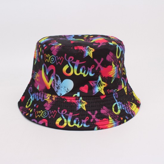 Cartoon digital print graffiti bucket hat, reversible sun visor, couple's dome spray hat