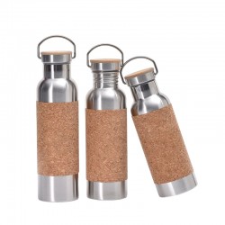 Cross-border 304 stainless steel thermos with bamboo-grain wooden lid, direct drinking hiking kettle, creative cork cloth cover sports water bottle