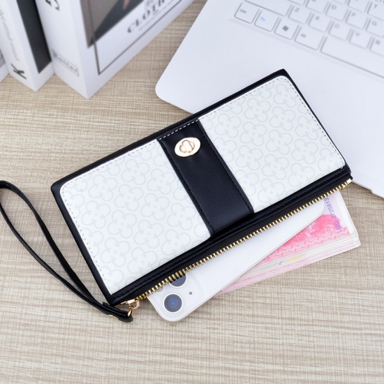 New women's wallet - long style wallet, zipper handbag with patchwork contrasting color large capacity wallet, leather wallet, mobile phone zero wallet