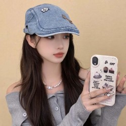 Korean Vintage Washed Denim Forward Hat with Cat Style Summer Multi-functional Big Head Wrap to Make Face Look Smaller Beret for Thieves Hat