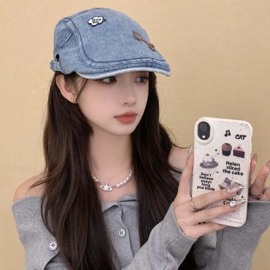 Korean Vintage Washed Denim Forward Hat with Cat Style Summer Multi-functional Big Head Wrap to Make Face Look Smaller Beret for Thieves Hat Korean Vintage Washed Denim Forward Hat with Cat Style Summer Multi-functional Big Head Wrap to Make Face Look Smaller Beret for Thieves Hat