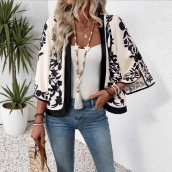 Autumn European and American fashion 2025 new style cross-border retro-style positioned print split-sleeve cardigan upper garment for women Autumn European and American fashion 2025 new style cross-border retro-style positioned print split-sleeve cardigan upper garment for women
