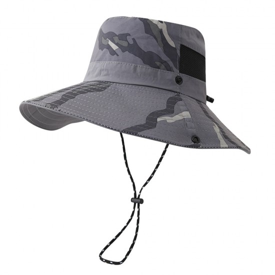 Spring/Summer men's wide-brimmed fishing hat, camouflage bucket hat, outdoor hiking sun visor with mesh sun protection.