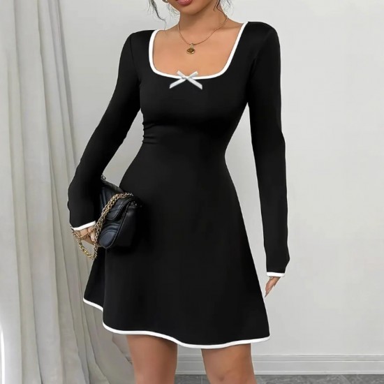 Cross-border Amazon European and American new style 2025 Autumn flared sleeve slit solid color lace spliced square neck figure-hugging dress