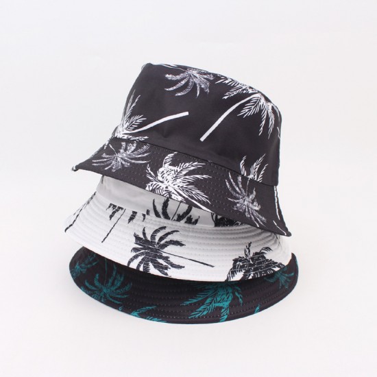Double-sided sun hats from overseas, coconut tree prints for beach vacations. Summer outdoor travel sun hat with floral pattern, suitable for sun protection.