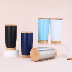 New bamboo-wood bottom 2 0oz car mug, 304 stainless steel coffee mug with wood grain lid, double-walled vacuum insulated office tumbler