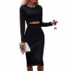European style long-sleeved mid-length fitted one-piece dress with a casual round neckline and openwork knitted design for a slim fit and pencil shape