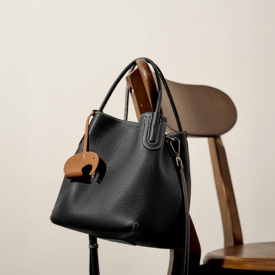 2025 summer new stylish genuine leather bucket bag, niche top-grain cowhide retro shoulder and crossbody handbag