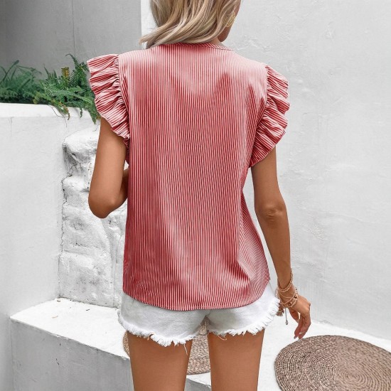 Spring and summer unique French V-neck fashion small puff sleeves 2025 new style design sense tied striped top T-shirt for women