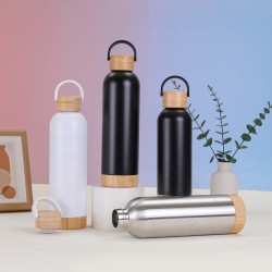 New bamboo-wood bottom and bamboo lid outdoor sports water bottle with plastic handle, portable water bottle, stainless steel vacuum thermos
