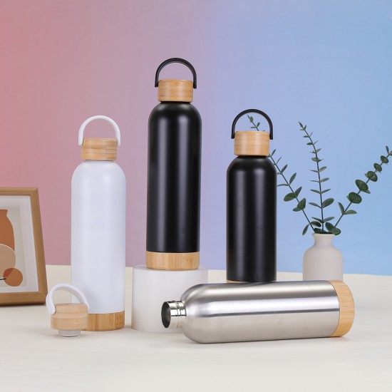 New bamboo-wood bottom and bamboo lid outdoor sports water bottle with plastic handle, portable water bottle, stainless steel vacuum thermos