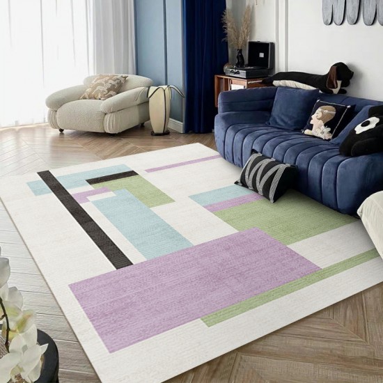 Modern geometric living room carpet, 3D printed sofa coffee table rug, horizontal wall-to-wall living room floor mat.