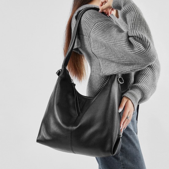 Genuine leather large-capacity stylish new Korean-style trendy solid color casual commuter shoulder tote bag Genuine leather large-capacity stylish new Korean-style trendy solid color casual commuter shoulder tote bag