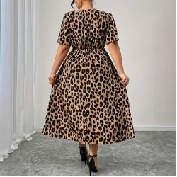 Spring and summer cross-border European and American new style fashion V-neck resort style leopard print plus size dress for women 2025