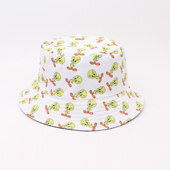Overseas cartoon-printed yellow duck bucket hats, reversible bucket hats for couples with sun protection, bowler hats